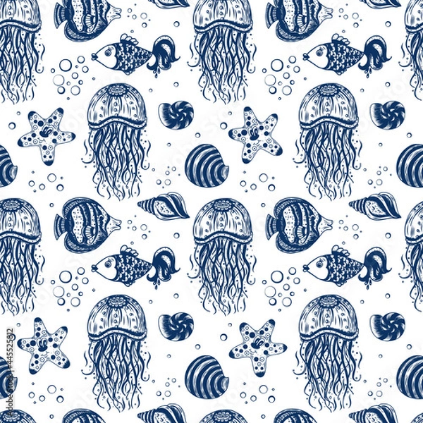 Obraz Seamless marine pattern with jellyfish, shells, starfish and fish. Children's cute background. Cartoon  underwater world inhabitants on white background