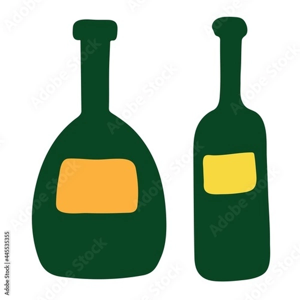 Fototapeta Glass bottle for wine or drink, drawn in flat style. Set of simple vector illustration. Isolated on white
