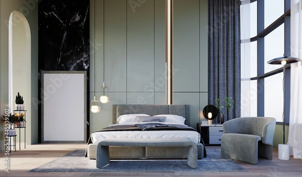 Obraz 3d rendering,3d illustration, Interior Scene and  Mockup,Hotel bedroom, high ceiling, wall grooving with LED light, bedside ceiling lamp Armchair upholstered in gray leather.