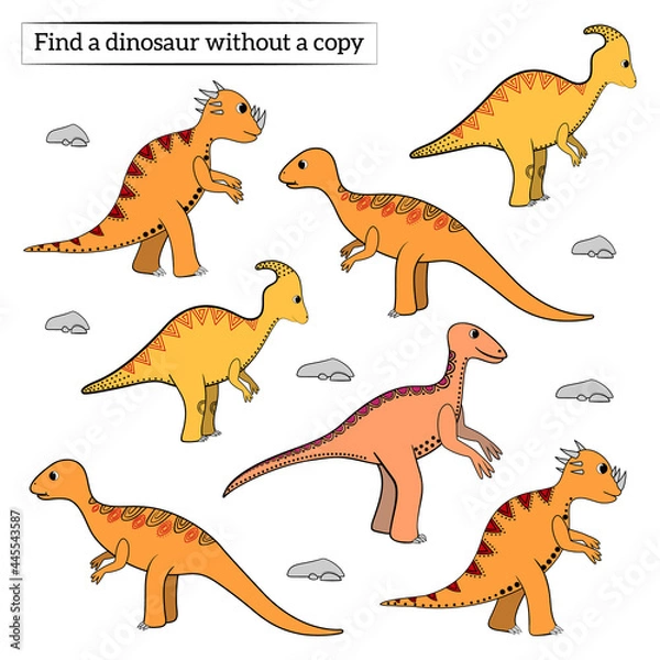 Obraz game for kids find a dinosaur without a pair, vector illustration