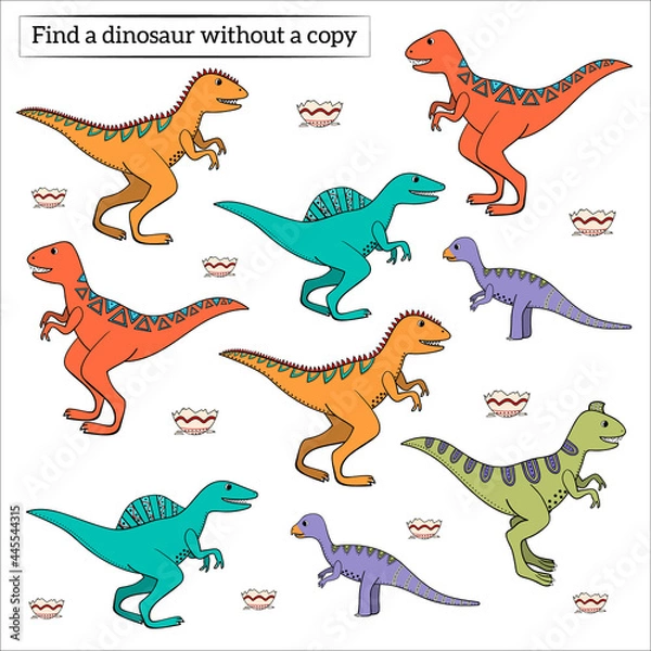 Obraz find a drawing without copy, task for kids with dinosaurs, vector.