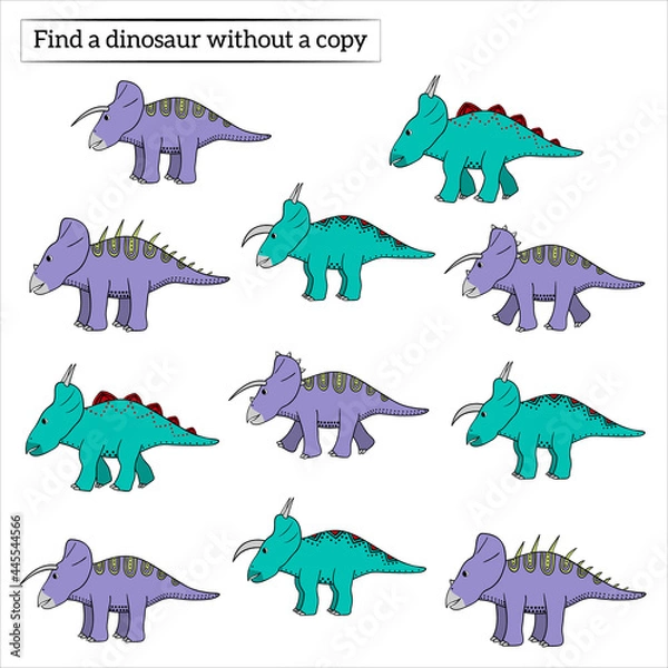 Obraz game for kids find a dinosaur without a pair, vector illustration