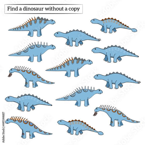 Obraz find a drawing without copy, task for kids with blue dinosaurs, vector.