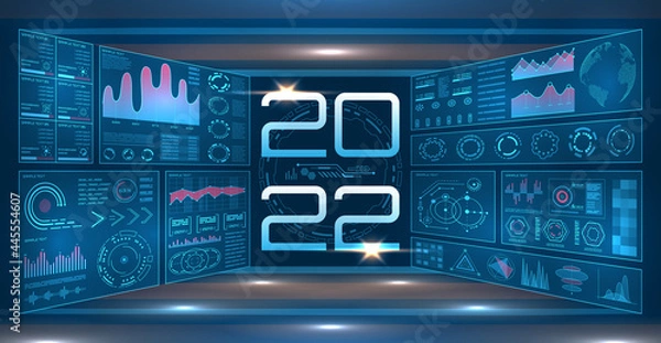 Fototapeta 2022 Happy New Year on blue background with HUD,GUI, UX interface