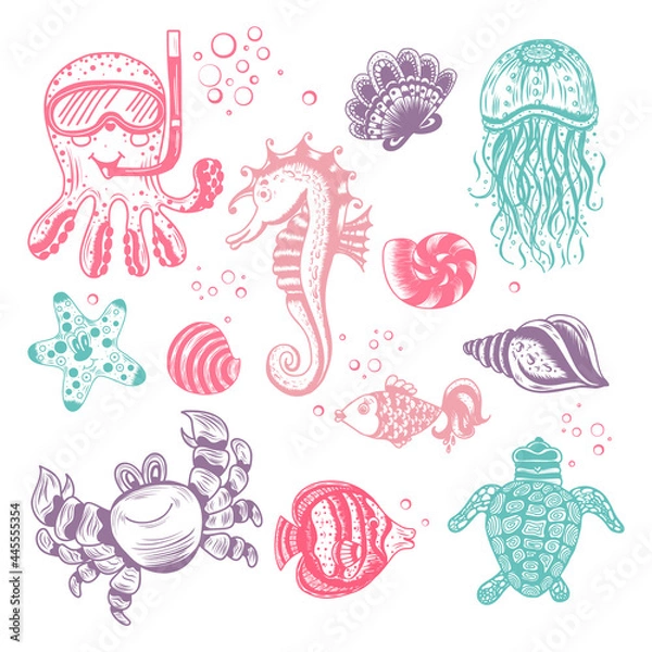 Obraz A set of hand drawn marine animals. Seahorse, octopus, shells, fish, starfish, jellyfish, sea turtle, crab. Vector cartoon ocean dwellers for different designs.