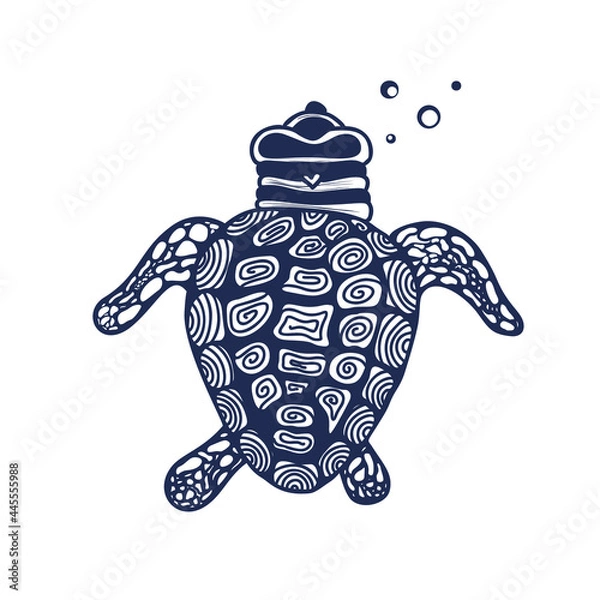 Obraz A hand drawn sea turtle on a white background. Vector isolated illustration. Ocean dweller in the style of doodles. Design of the sea element.