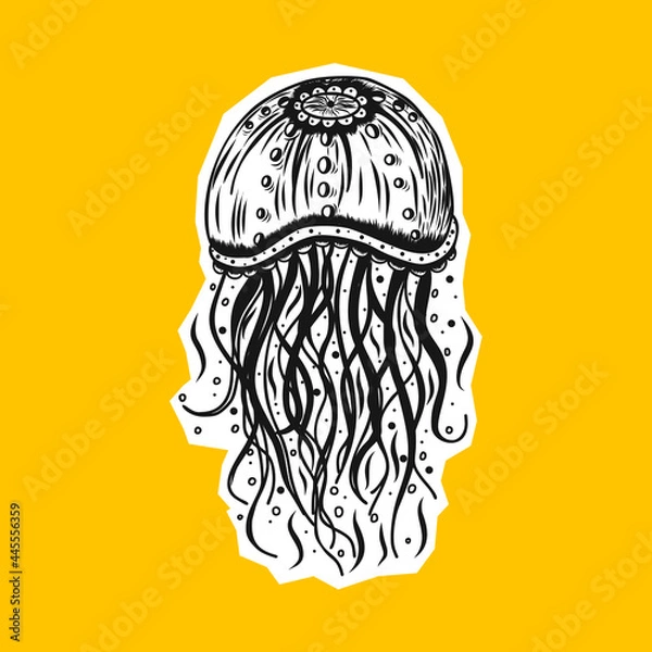 Obraz Cute hand drawn jellyfish. Marine theme. Modern vector illustration. Sticker, poster, postcard, menu, textile design