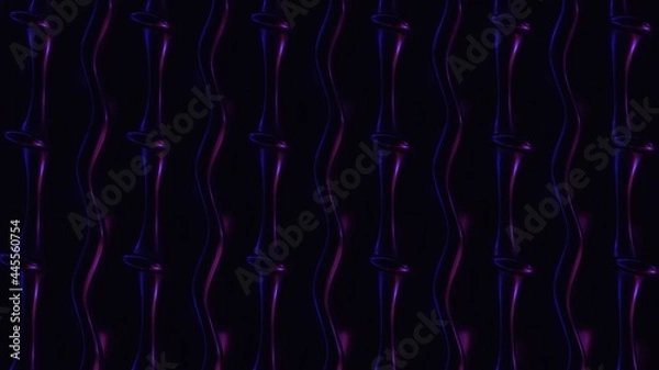 Fototapeta Neon fractal tubes with linear glow background. Ultraviolet 3d render of changing geometric stripes. Electrical patterns purple and blue highlights. Techno synthwave lamps with spiral vaporwave