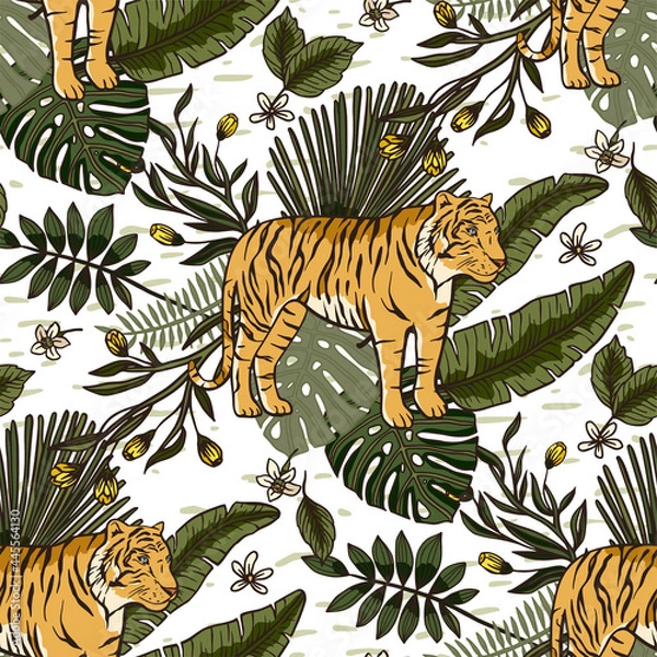 Fototapeta Jungle tiger exotic tropical seamless pattern. Animal floral nature fabric illustration. Textile palm leaf tropic print design.