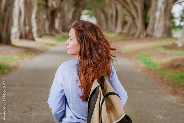 Fototapeta Rear view of a young woman with a backpack in the Cypress Tree Tunnel near San Francisco, USA