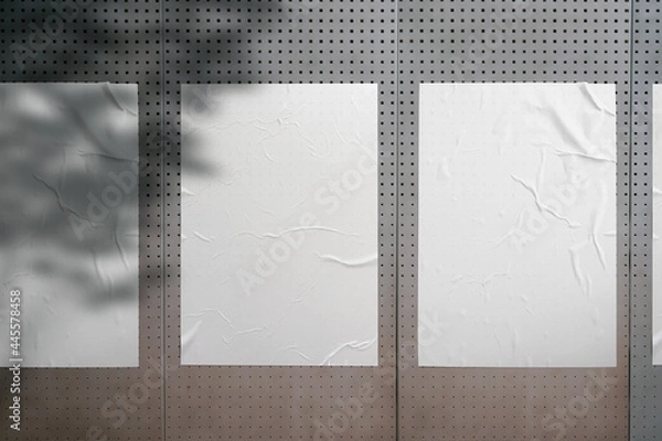 Obraz White paper poster mockup. Set of wet wrinkled and creased paper sheets with crumpled texture, blank posters glued to street wall or advertising column, mock up for design