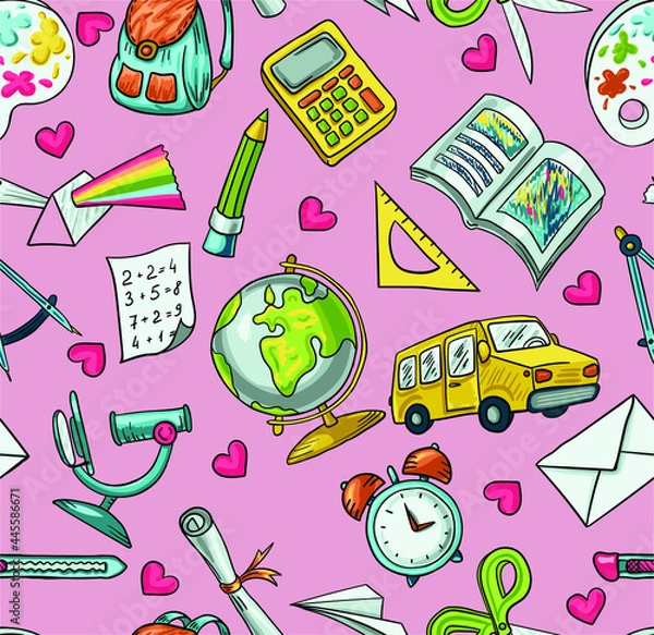 Obraz Trendy vector seamless print with school icons. Stationery, globe, bus, microscope, book, notepads. Illustration about education and science for children. Background for printing on fabrics and paper