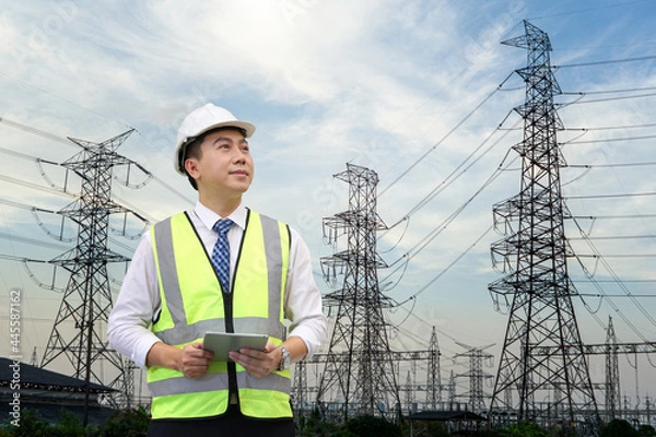 Fototapeta inspection engineer holding tablet computer against high electric power at industry site.
