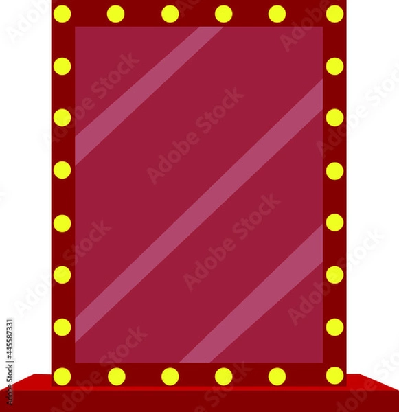 Fototapeta Illustration of a red mirror with yellow lights for an artist's dressing room.