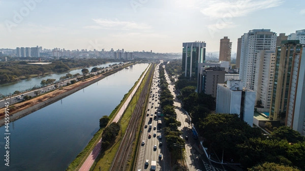 Fototapeta View of Marginal Pinheiros with the Pinheiros river and modern buildings in Sao Paulo, Brazil