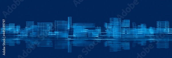 Obraz 3d illustration Electronic city. Panorama of the city in the form of stripes and glowing lines. Designer blue background