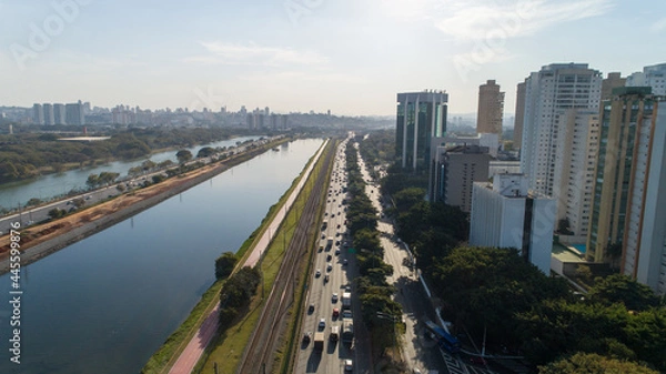 Fototapeta View of Marginal Pinheiros with the Pinheiros river and modern buildings in Sao Paulo, Brazil