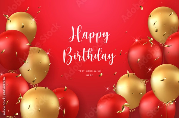 Fototapeta Elegant luxury golden red ballon and party popper ribbon Happy Birthday celebration card banner template background