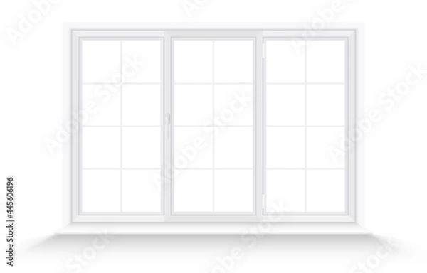 Fototapeta White triple plastic window frame isolated on white background. Wide realistic closed window with slopes, windowsill and shadow. Mockup template for interior design. Vector illustration