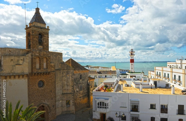 Obraz Panoramic view of Rota with the Church of the O and the lighthouse from Castle of Moon (Castillo de Luna). Rota province of Cádiz Andalusia Spain 
