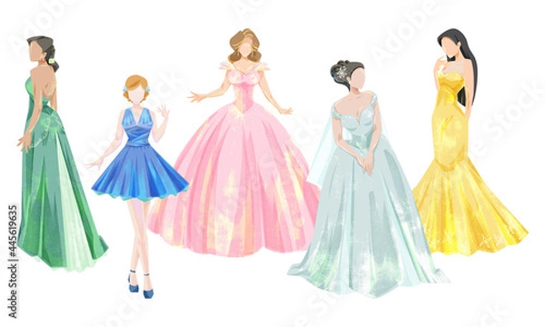 Obraz プリンセス5人の手書き水彩風イラスト