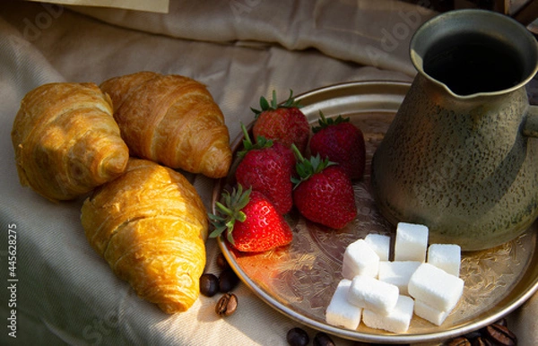 Obraz Breakfast with strawberries, croissant   and coffee on wooden table