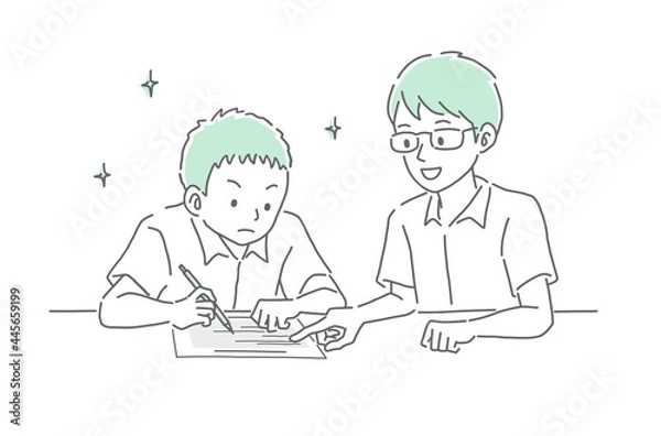 Fototapeta 勉強をする男子学生と勉強を教える男性教師