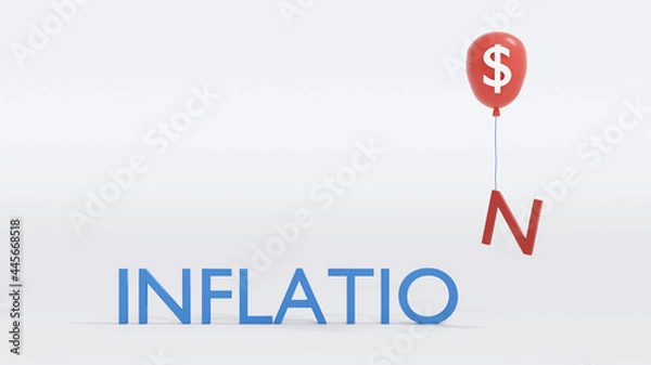 Obraz 3D Rendering concept of money inflation text. Word "INFLATION" with a balloon taking "N" up on white background and space for text for financial commercial background. 3D Render. 3D illustration.