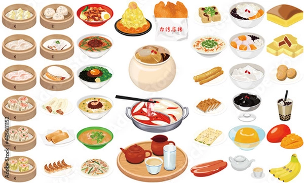 Obraz 台湾の人気グルメ・名物アイコン①（飲茶、台湾唐揚、ルーローハン、台湾ラーメン、豆花、かき氷）