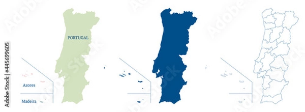 Fototapeta Map of Portugal with Azores and Madeira. High detailed vector outline, blue silhouette and administrative divisions map of Portugal. All isolated on white background