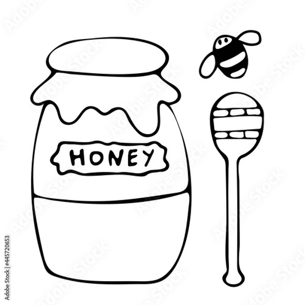 Fototapeta Summer set of vector illustrations in doodle style. Coloring. Image of a bee, a jar of honey and a honey dipper.