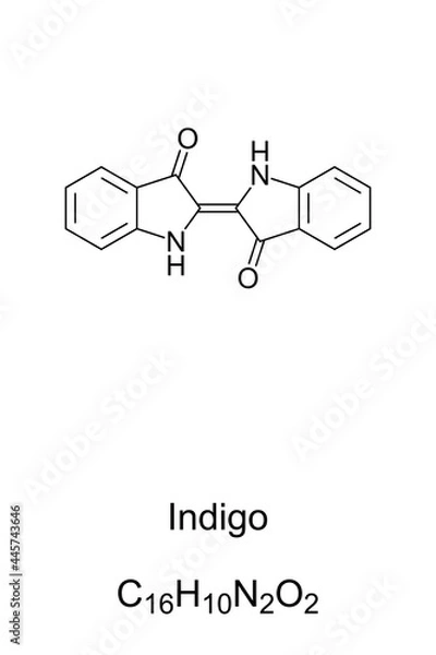 Fototapeta Indigo, chemical formula and structure. Indigo dye, an organic compound with a distinctive blue color. Most indigo produced today is synthetic, to dye cotton yarn, such as denim cloth and blue jeans.