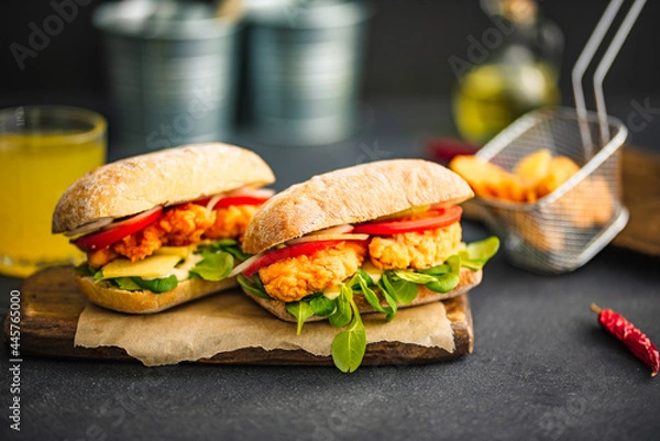 Obraz Chicken sandwich. Chicken burger with vegetables.