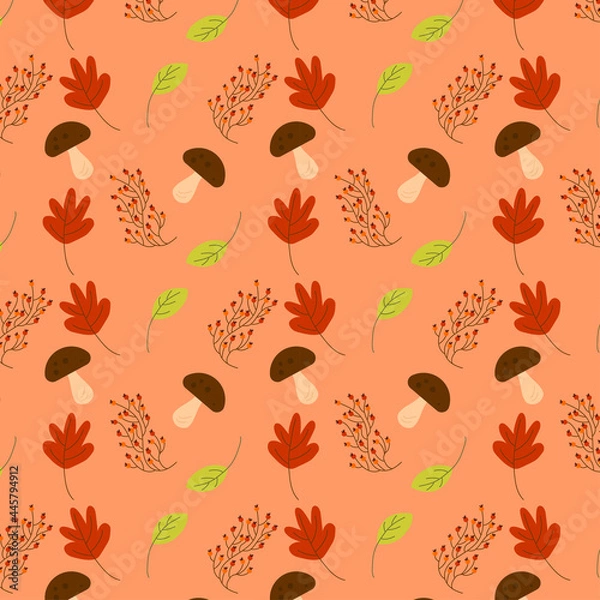 Obraz autumn patern with mushrooms, rowan and leaves on orange background