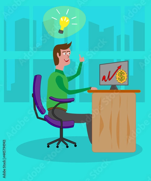 Obraz a successful and happy office worker at his desk has found a great solution to make money