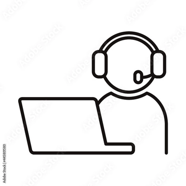 Obraz ヘッドセットをした人物とノートPCのシンプルな白黒細線アイコン/白背景