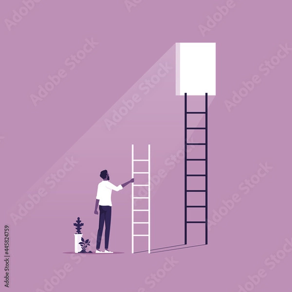 Fototapeta Business finding creative solution vector concept, Businessman with staircase looking at window in wall, Symbol of challenge, overcome, ambition and motivation