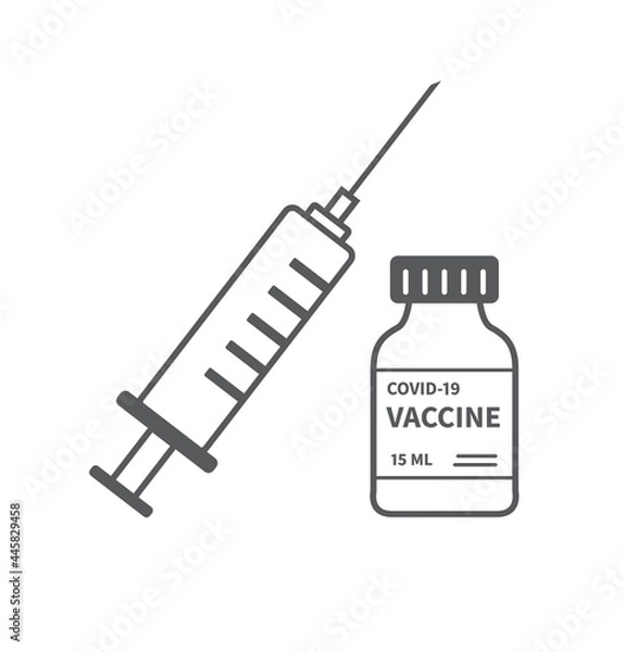 Fototapeta Covid-19 vaccine line icon. Syringe injection and vaccine bottle for covid19 immunization treatment. Vector illustration.
