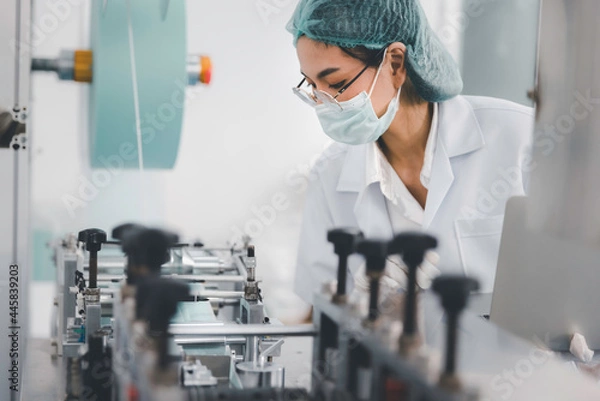 Fototapeta Asian female doctor or engineer working at clean medical mask production factory