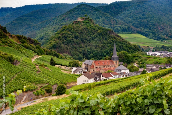 Obraz Ahr Valley, Rhineland Palatinate, Germany: Village of Myschoss with its St Nikolaus church as seen from the 'Rotweinwanderweg', the Red Wine Hiking Trail in Germany's Ahr Valley