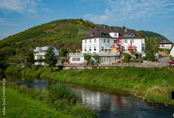 Fototapeta Ahr River at Rech, Germany. The Ahr is normally a small, quiet river. In July 2021 a flash flood raced through the Ahr Valley and destroyed many of the villages in the Valley.