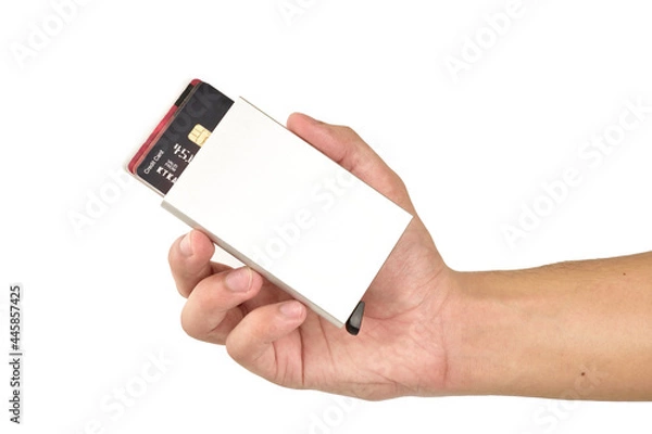 Fototapeta Credit Card Holder In Hand Isolated On White Background With Clipping Path