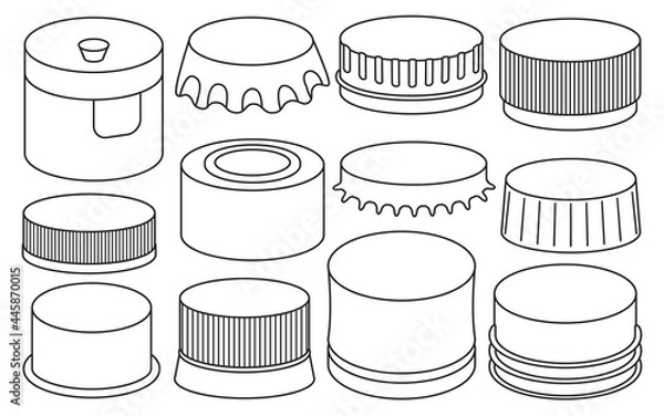 Obraz Bottle caps isolated outline set icon. outline set icon lid of cover . Vector illustration bottle caps on white background.