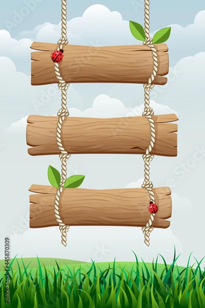 Fototapeta summer or spring nature background with hanging wooden sign, grass, leaves and ladybugs. vertical banner with green landscape, signboard, meadows and fields. for game ui, mobile, apps, ad. eco concept