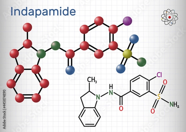 Fototapeta Indapamide molecule. It is thiazide-like diuretic, hypertension drug. Structural chemical formula and molecule model. Sheet of paper in a cage