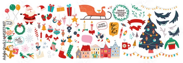 Fototapeta Big set of Christmas decor elements and characters isolated. Santa Claus, elf, winter city houses, gifts, sleigh, fir tree etc. Vector flat cartoon illustration. For Xmas card, banner, print, pattern.