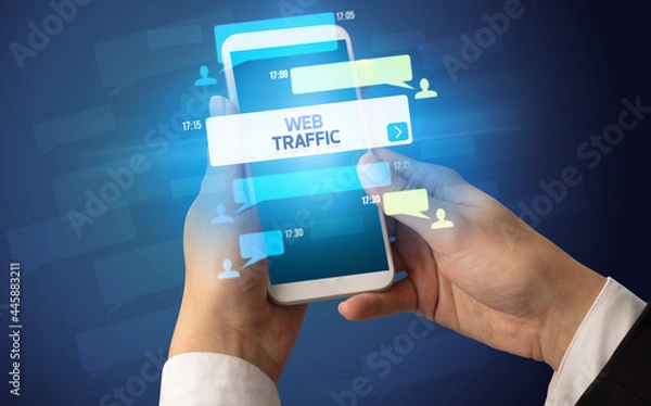 Fototapeta Hand using smartphone with social media concept