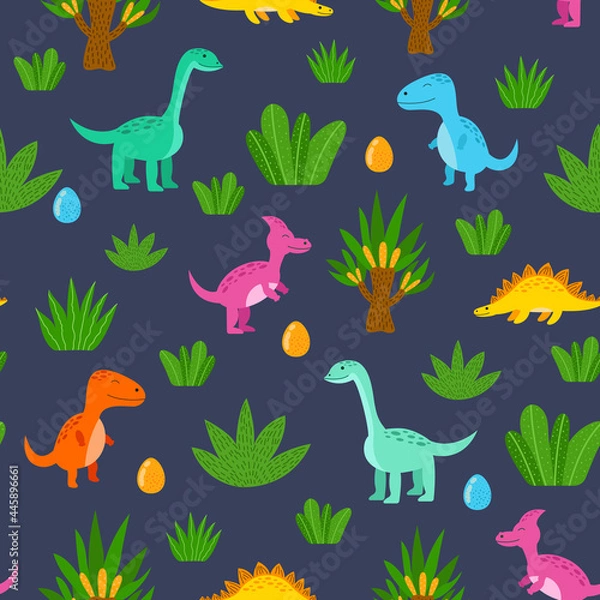 Fototapeta Seamless pattern with dinosaurs, tropical plants