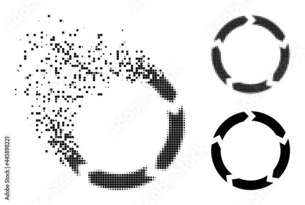 Fototapeta Erosion pixelated circulation pictogram with destruction effect, and halftone vector symbol. Pixelated burst effect for circulation reproduces speed and motion of cyberspace abstractions.