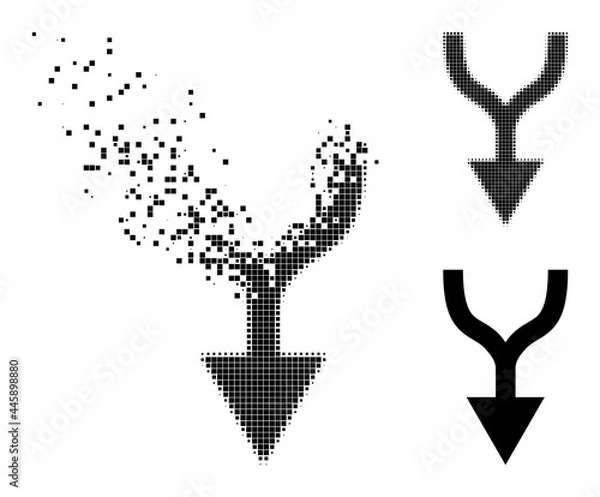 Obraz Fragmented dot combine arrow down pictogram with destruction effect, and halftone vector pictogram. Pixelated explosion effect for combine arrow down reproduces speed and motion of cyberspace things.